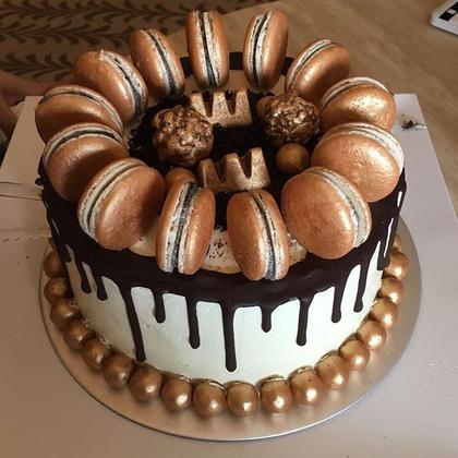 Gold Macaron Chocolate Drip Cake